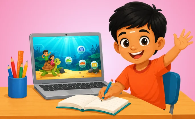 Playwithtamil boy greeting illustration with computer on desk