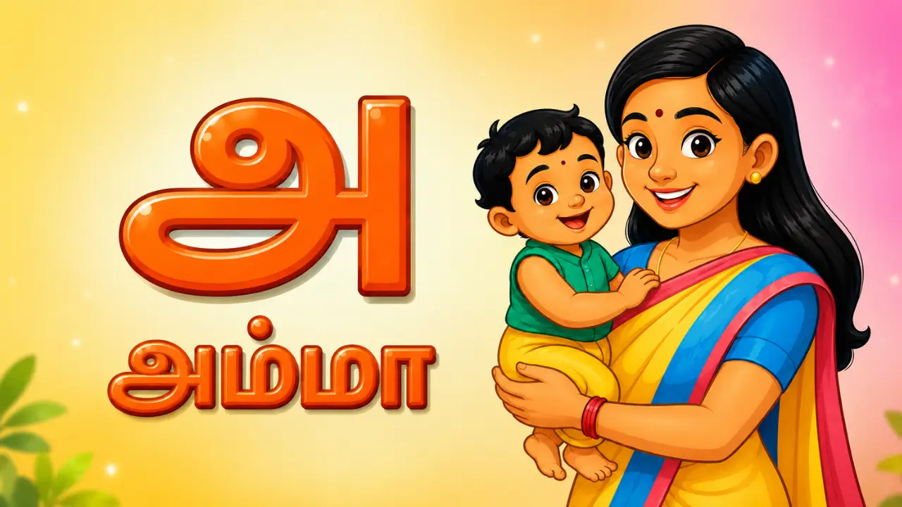 Playwithtamil mother teaching Tamil alphabet illustration
